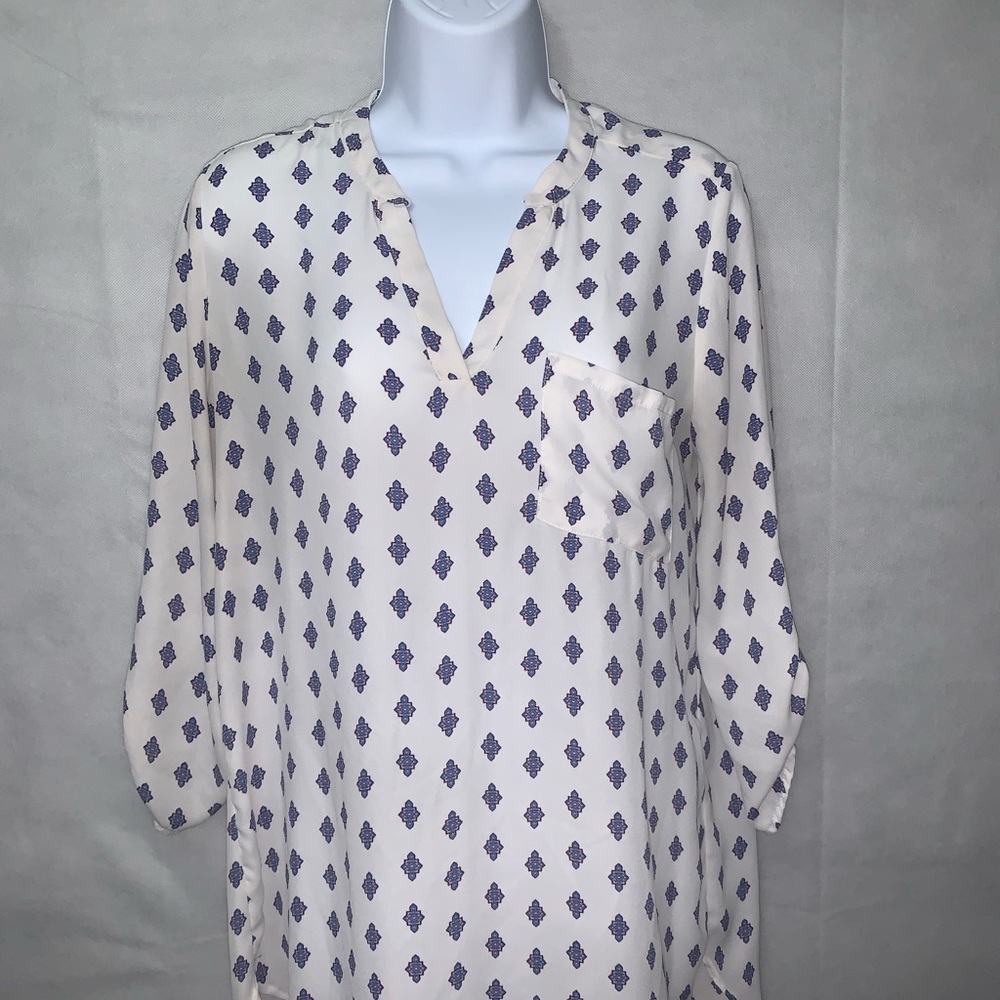 Pink Rose white Blouse w/ blue and pink design